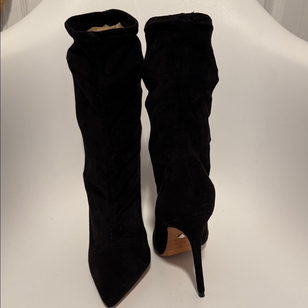 SCHUTZ Black Suede Pointed-Toe Stiletto Mid-Calf Boots
